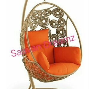 luxury floral weave hanging egg chair with vibrant orange cushions and premium gold finish stand(sd 102)