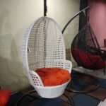 architectural oval mesh hanging swing chair in alpine white with burnt orange cushion(sd 103)
